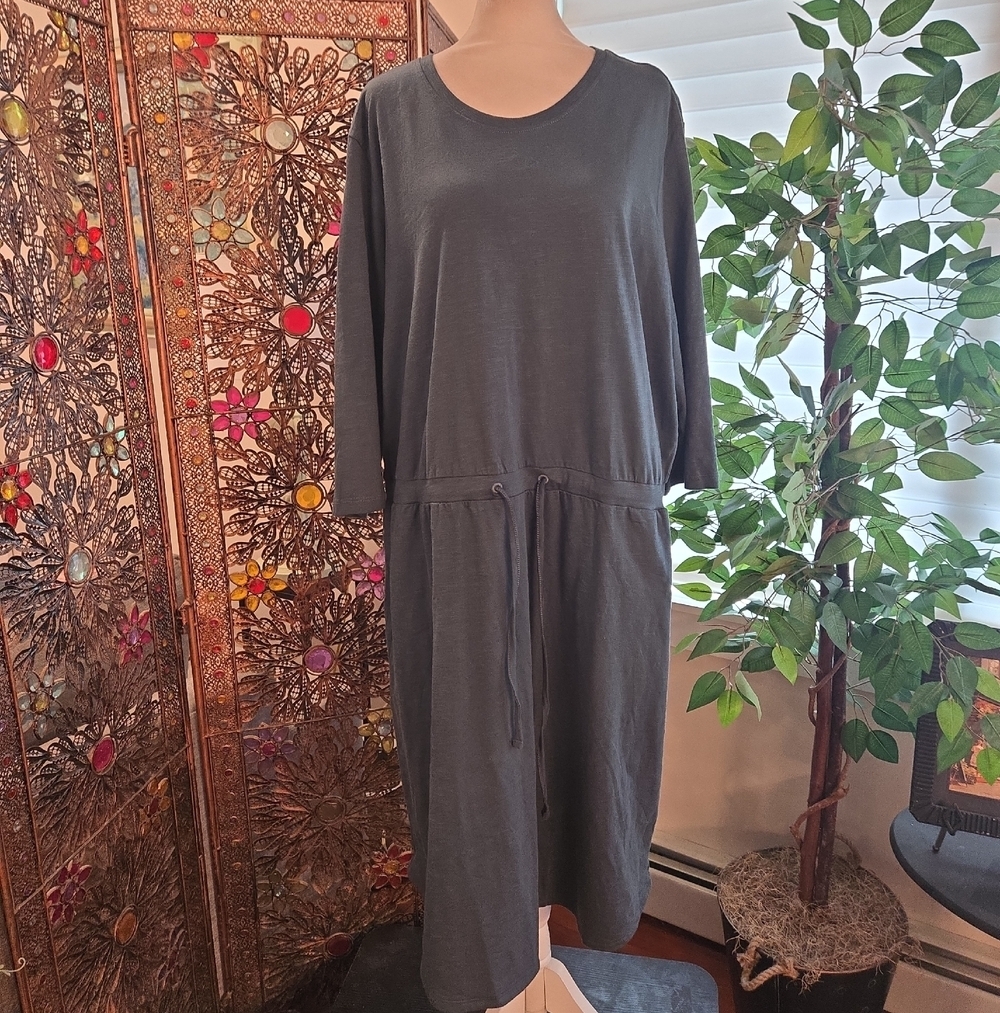 Pact Organic Cotton Relaxed Slab Tie Waist Midi Dress Boho Coastal Blue XL